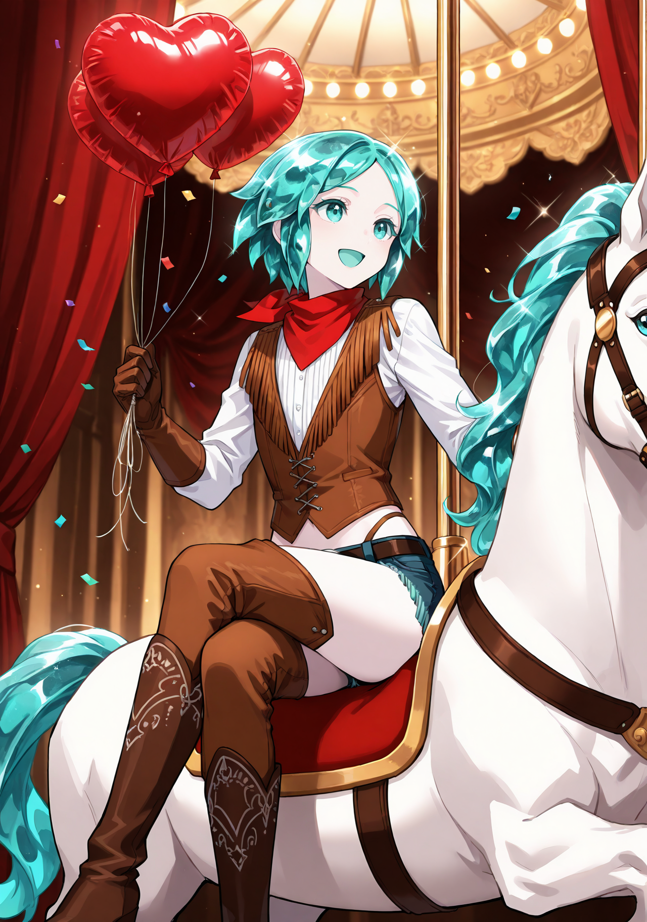 masterpiece, best quality, 1girl, solo, androgynous, ph0s, pale skin, colored eyelashes, crystal hair, aqua hair, short hair, parted bangs, cowgirl outfit, bandana, fringed vest, cowboy western, fringe trim, carousel, horseback riding, riding, saddle, unicorn, confetti, light particles, sitting, crossed legs, aqua eyes, highleg panties, brown gloves, chaps, denim shorts, holster, boots, cowboy boots, curtains, belt buckle, thighs, looking ahead, balloon, heart balloon, holding balloon, string, smile, open mouth