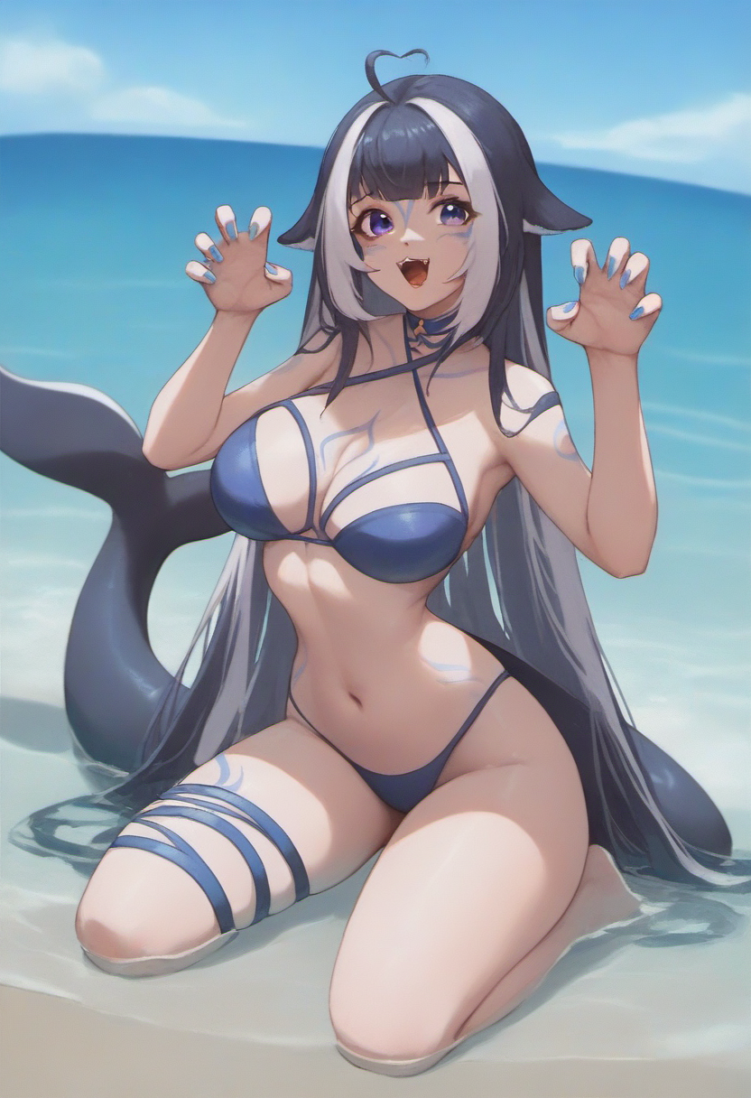 score_9, score_8_up, score_7_up, score_6_up, score_5_up, score_4_up,<lora:Shylily_for_PonyXL :1>, bikini_lily, 1girl, looking at viewer, solo, navel, open mouth, criss-cross halter, thigh strap, water, fangs, nail polish, outdoors, blue nails, beach, ocean, claw pose, sun, kneeling