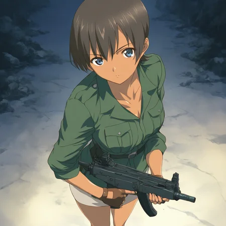masterpiece,1girl,solo,looking at viewer,<lora:Aki_Kobayakawa ag4o v1:1> aki_kobayakawa, brown hair, short hair, dark skin, blue eyes,military uniform,skirt,fingerless gloves,submachine gun,