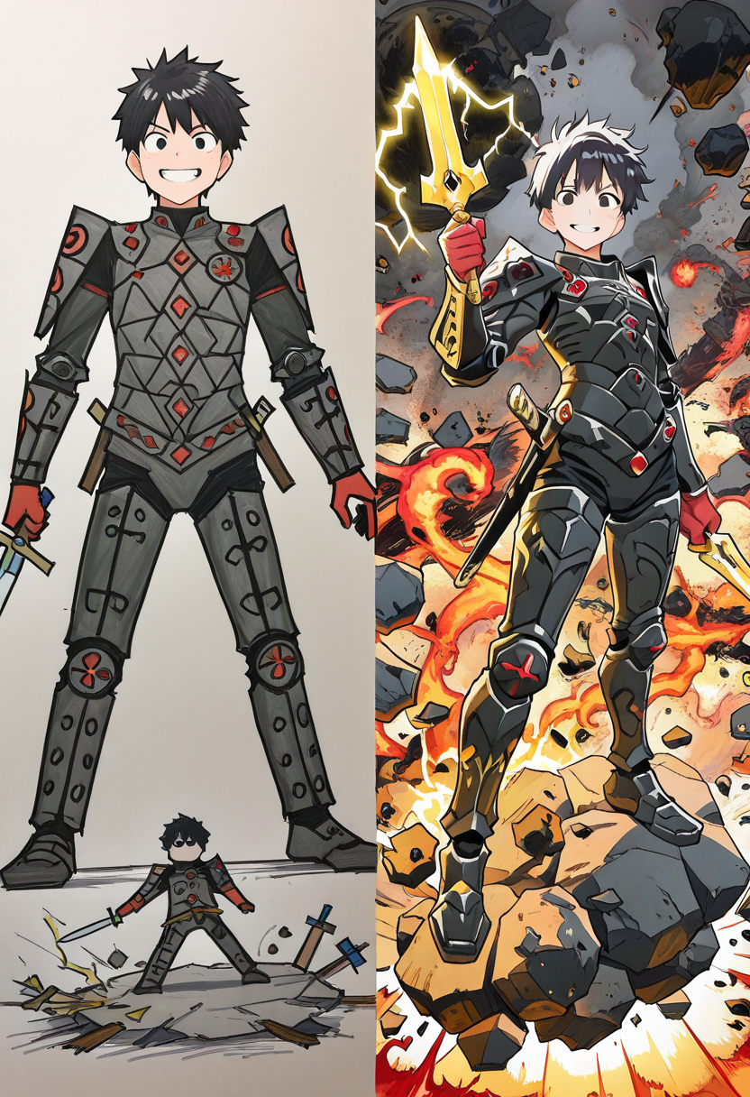 masterpiece, best quality,   1boy, holding, weapon, sword, armor, red gloves, black hair, grin, male focus, standing, cosplay, debris, fire, rock, electricity, holding sword   ,<lora:Pr0VsN00b:1.0>,
