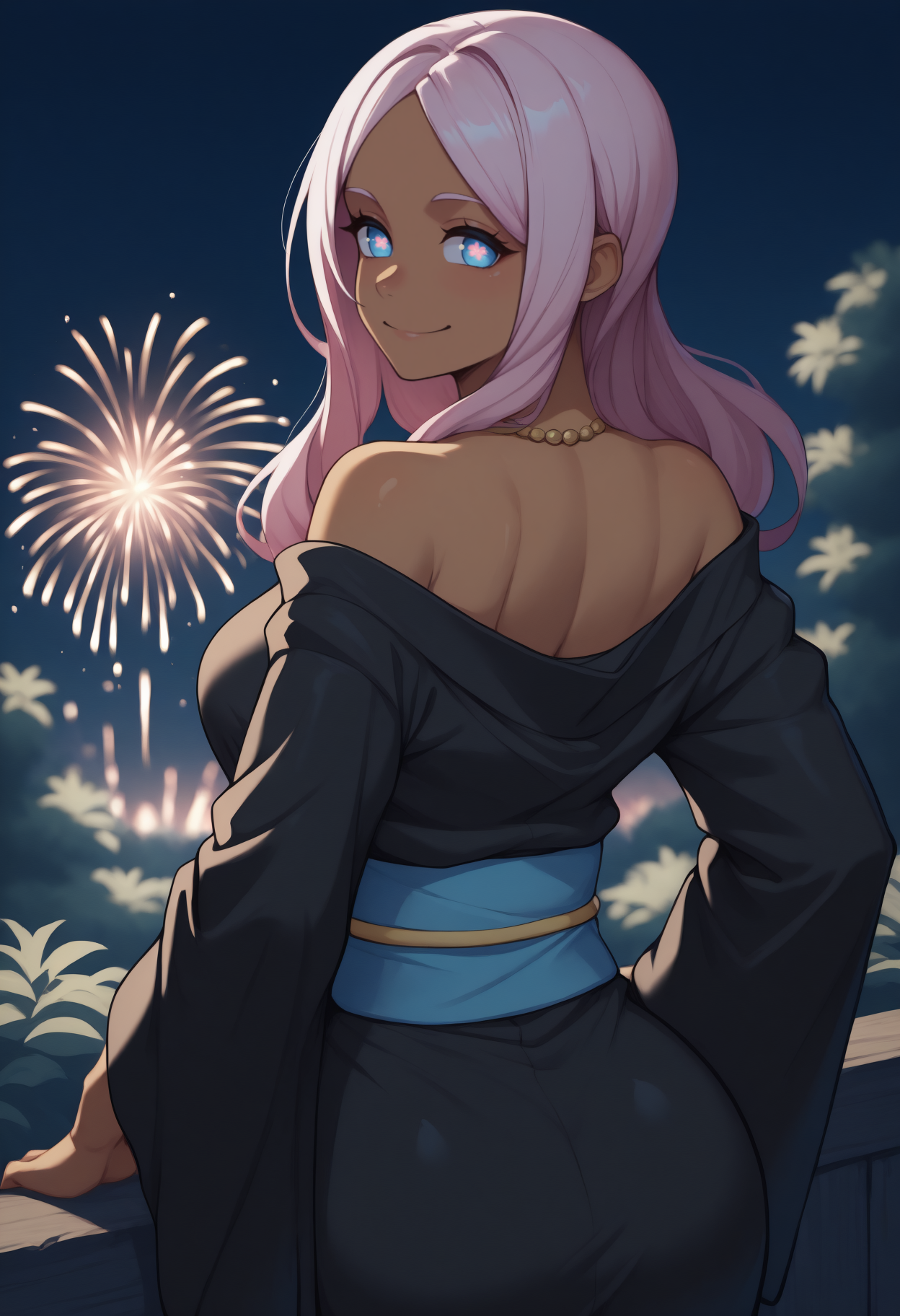 anime, masterpiece, best quality, <break> from behind, solo, 1girl, hib4na, dark-skinned female, smile, looking back, long hair, pink hair, blue eyes, symbol-shaped pupils, japanese clothes, black kimono, off shoulder, blue sash, necklace, bare shoulders, outdoors, night, fireworks
<segment:yolo-Anzhc Face seg 640 v2 y8n.pt,0.4,0.5//cid=1>