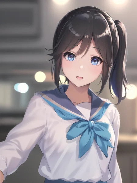 masterpiece, best quality, ultra highres, 1girl , solo, moe face, blue eyes,(beautiful detailed eyes:1.2), (kitauji_high_school_uniform:1.2), short ponytail, small breast,(upper body:1.3),focus on face,arms behind back,(looking at viewer:1.2),<lora:kasakiNozomiHibike_v1:0.7>