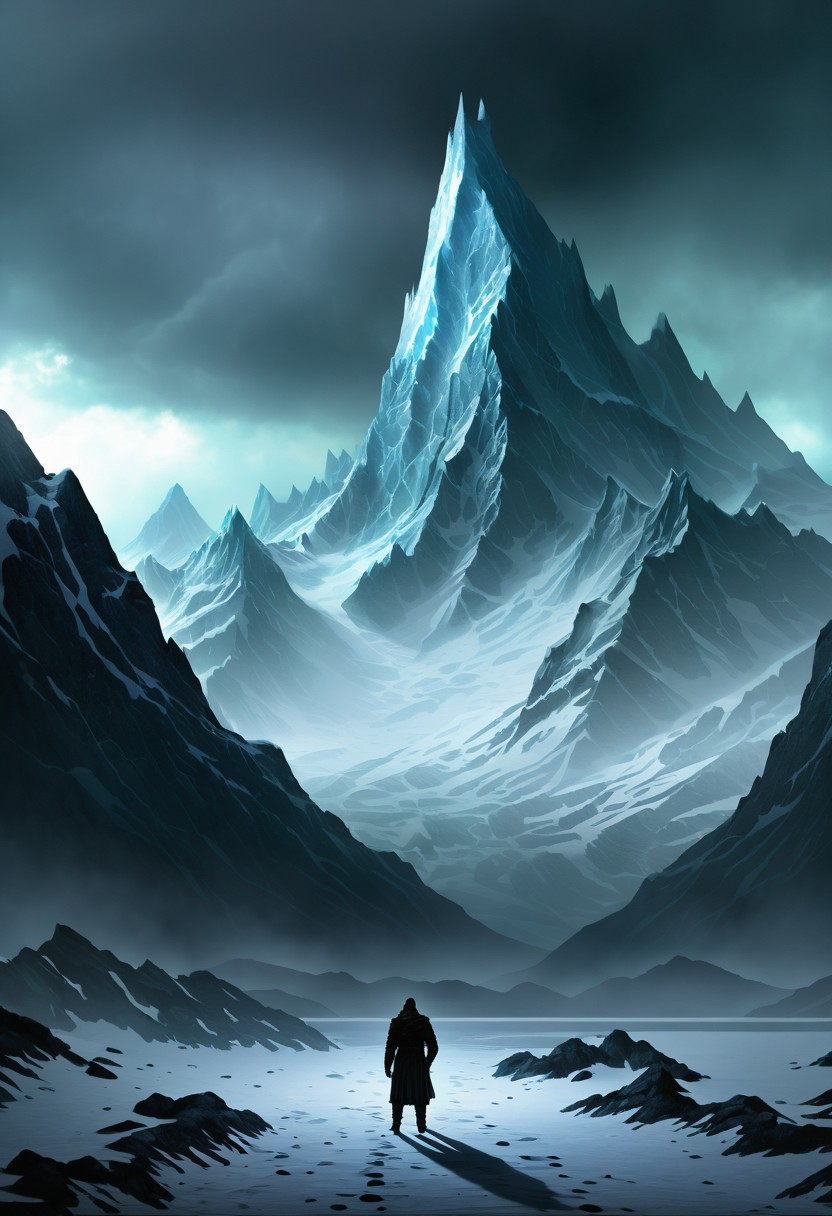 mountain range in the distance, ice covered jagged mountain peaks, eerie atmosphere, lonely weanderer looking into the distance,  at the mountains of madness, , lovecraft horror