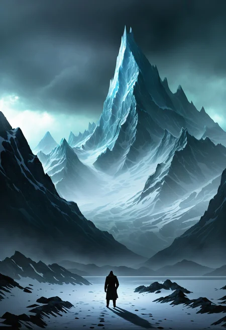 mountain range in the distance, ice covered jagged mountain peaks, eerie atmosphere, lonely weanderer looking into the distance, at the mountains of madness, , lovecraft horror