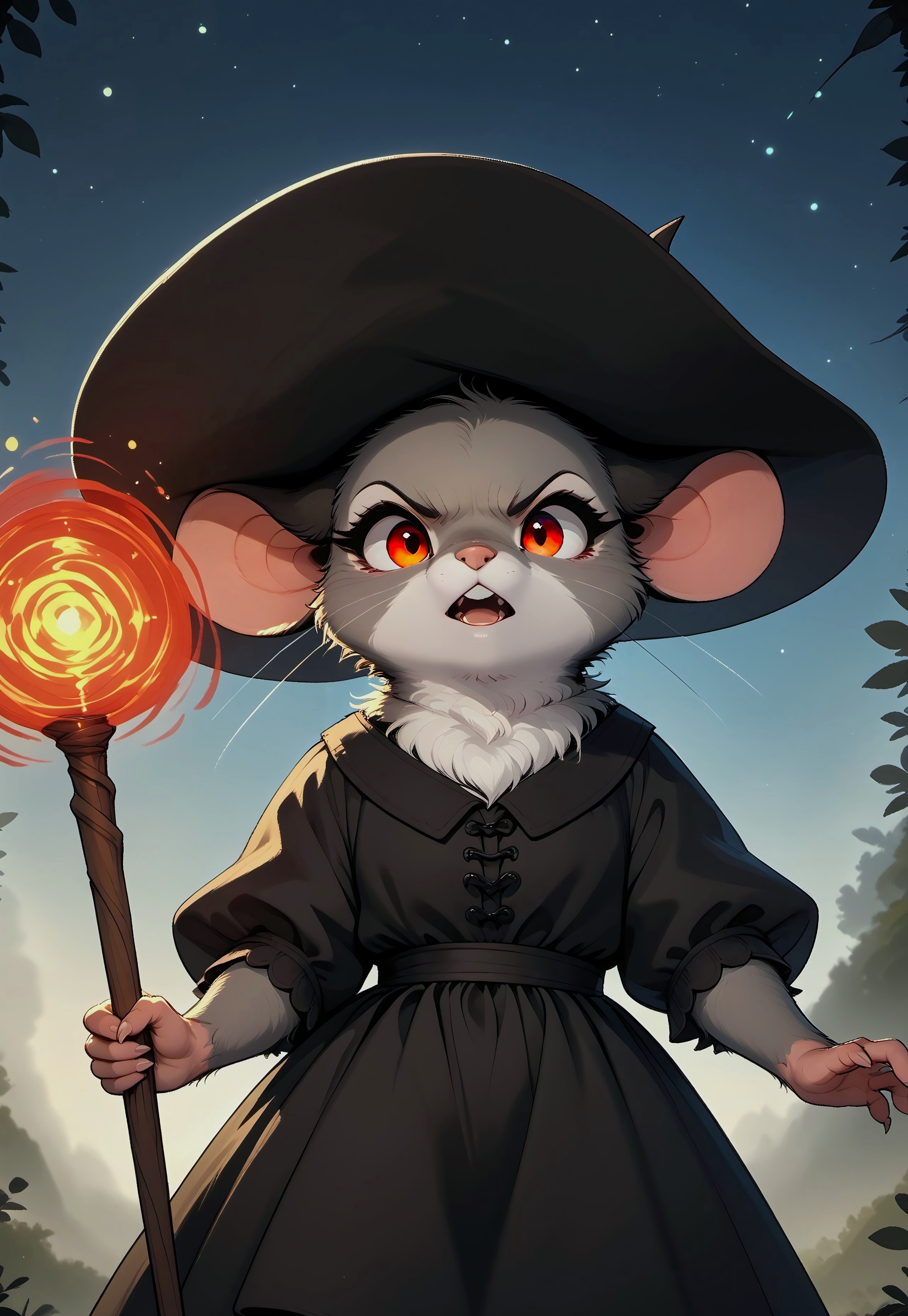 score_9, score_8_up, score_7_up, score_6_up, score_5_up, score_4_up, m0use_goldie, (cute, small hands), (feral:2), (witch's hat, black dress, grey fur, glowing red eyes, black ears:1.5), (holding staff:1.5), (swirling magic, magic spell:1.5), (close up), (talking, open mouth), close up, (angry, evil expression, looking at viewer:1.5), (sky clouds), (night sky, dark, night:2), (low angle view, upper body shot, action pose:1.5), dark aura, nature, swamp, trees, BLE