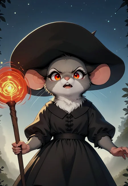 score_9, score_8_up, score_7_up, score_6_up, score_5_up, score_4_up, m0use_goldie, (cute, small hands), (feral:2), (witch's hat, black dress, grey fur, glowing red eyes, black ears:1.5), (holding staff:1.5), (swirling magic, magic spell:1.5), (close up), (talking, open mouth), close up, (angry, evil expression, looking at viewer:1.5), (sky clouds), (night sky, dark, night:2), (low angle view, upper body shot, action pose:1.5), dark aura, nature, swamp, trees, BLE