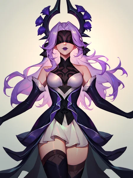 score_9, score_8_up, score_7_up, SyndraWR, 1girl, solo, black halo, purple long hair, blindfold, purple lips, purple and white dress, purple gloves, black high boots, roses <lora:SyndraWR:1>