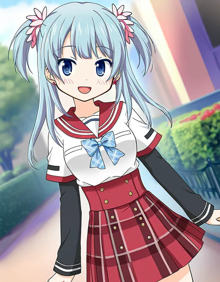 masterpiece, best quality, newest, absurdres, highres, safe, 1girl, minami rena \(school uniform\), magia record: mahou shoujo madoka magica gaiden, black sleeves, solo, smile, open mouth, looking at viewer, outdoors, dutch angle, <lora:minami_rena_noobaiXLNAIXL_vPred10Version:0.7>