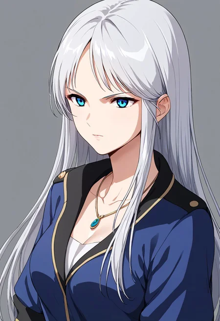 score_9, score_8_up, score_7_up, score_6_up, score_5_up, score_4_up, source_anime, eterna freyl, military uniform, blue eyes, necklace, silver hair, long hair