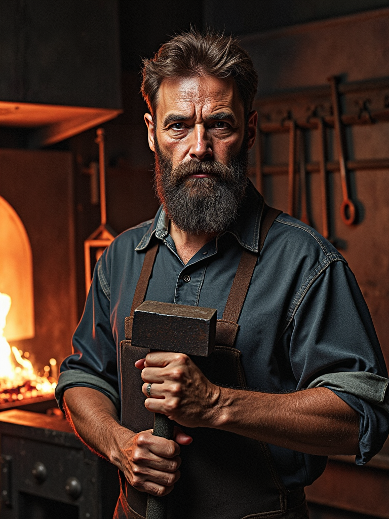 Upper body portrait of a rugged blacksmith,  his face streaked with coal dust and glistening with sweat, emphasizing the detailed skin pores and the rough texture of his weathered caucasian skin. A thick, coarse beard, also partially dusted with coal, frames his strong jawline, adding to his gritty, hard-working appearance. His brown hair, clings to his forehead as he pauses from his work, holding a heavy sledgehammer in one calloused hand. His skin is matted with sweat. The warm, flickering light of the forge behind him casts deep shadows, highlighting the lines and creases etched into his face from years of toil. The background reveals the heart of the blacksmithâs workshop with glowing embers in the forge, sparks flying from an anvil, and tools hanging from soot-stained walls, all bathed in the warm, orange glow of the fire. The scene is captured with incredible detail, showcasing the intensity of his craft and the gritty atmosphere of the forge, conveying a sense of strength, resilience, and the raw, physical labor that defines his daily life, <lora:detailed_skin_portraits-000005:0.75>