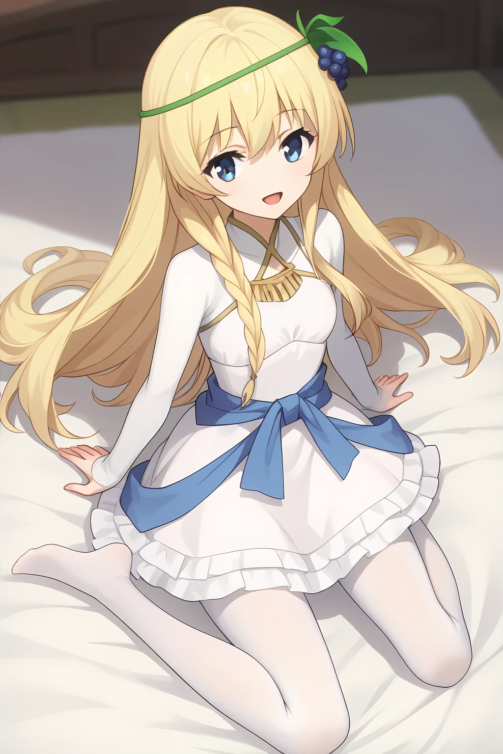 (long white dress blue waist ribbon white pantyhose:1.40), ks-iris, blonde hair, long hair, blue eyes, hair ornament, necklace, 1girl, solo, skinny, score_9, score_8_up, score_8, score_7_up, score_7, score_6_up, score_6, score_5_up, score_5, source_anime, (happy:1.10), , (full body:1.20), (:1.20), feet, <lora:ks-iris-V01-000003:0.90> small breasts