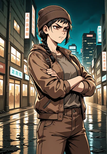 1girl,solo,l3nacf, <lora:L3NACFIllustrious:0.9>,short hair,black hair,braid,brown eyes,standing,beanie,single braid,brown jacket,open jacket,shirt,brown pants,scowling,cowboy shot,crossed arms,outdoors, in ruined city,night