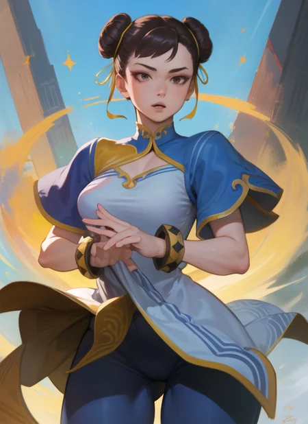 (masterpiece, best quality, high resolution), (illustration:1.0), extremely detailed face, perfect lighting, (perfect hands,perfect anatomy), (1girl, solo:1.5), glowing skin and perfect symmetrical pretty face ,cowboy shot, chunlims, hair bun, double bun, eyeshadow, makeup, chinese clothes, pelvic curtain, solo, dress, bracelet, ribbon, pants, blue pants, makeup, short sleeves, wide hips, thick thighs, <lora:ChunliMS:1>,