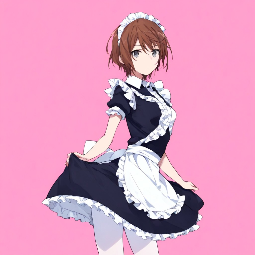anime coloring, score_9, score_8_up, score_7_up, score_6_up, kinuhata saiai, toaru, 1girl, solo, maid, brown hair, apron, maid headdress, short hair, maid apron, gray eyes, pantyhose, looking at viewer, pink background, frills, dress, white pantyhose, short sleeves