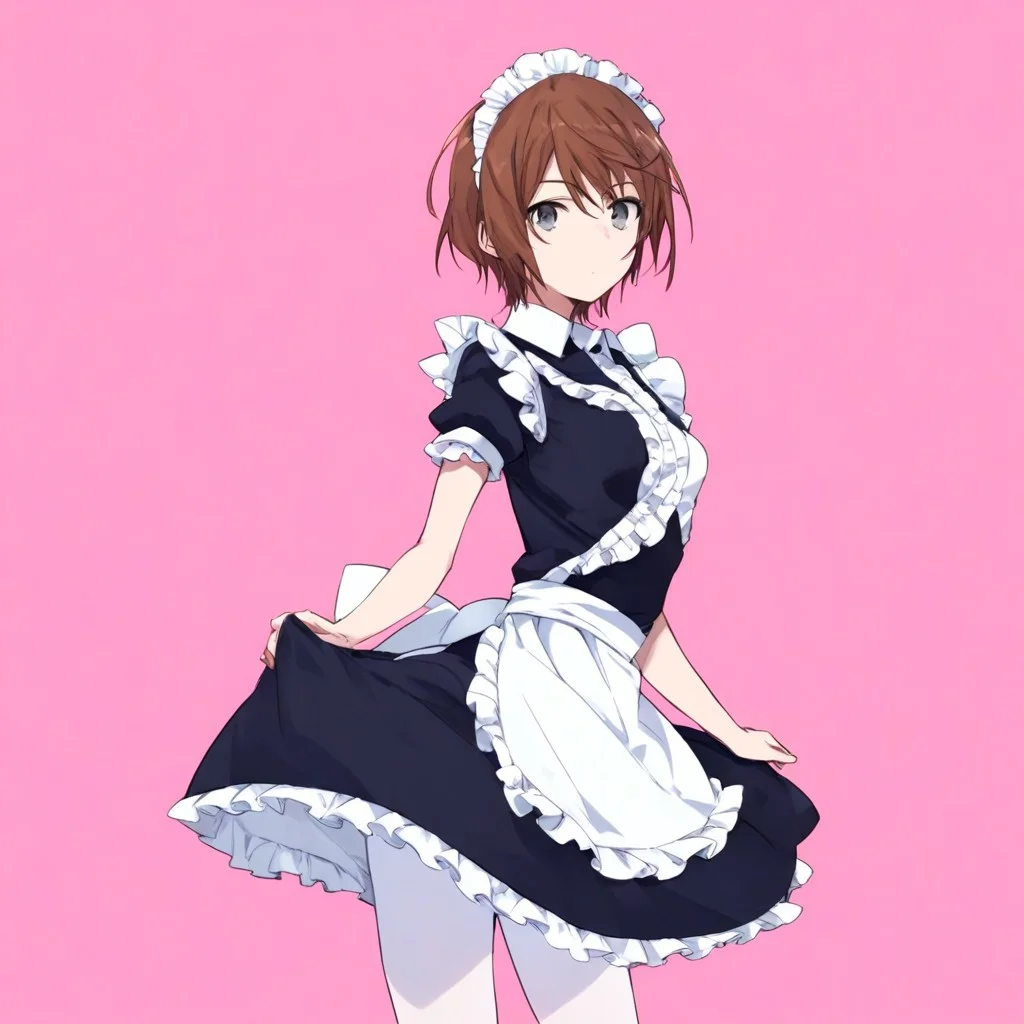 anime coloring, score_9, score_8_up, score_7_up, score_6_up, kinuhata saiai, toaru, 1girl, solo, maid, brown hair, apron, maid headdress, short hair, maid apron, gray eyes, pantyhose, looking at viewer, pink background, frills, dress, white pantyhose, short sleeves