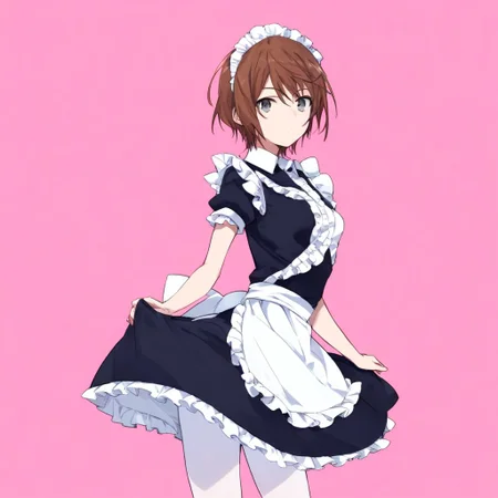 anime coloring, score_9, score_8_up, score_7_up, score_6_up, kinuhata saiai, toaru, 1girl, solo, maid, brown hair, apron, maid headdress, short hair, maid apron, gray eyes, pantyhose, looking at viewer, pink background, frills, dress, white pantyhose, short sleeves