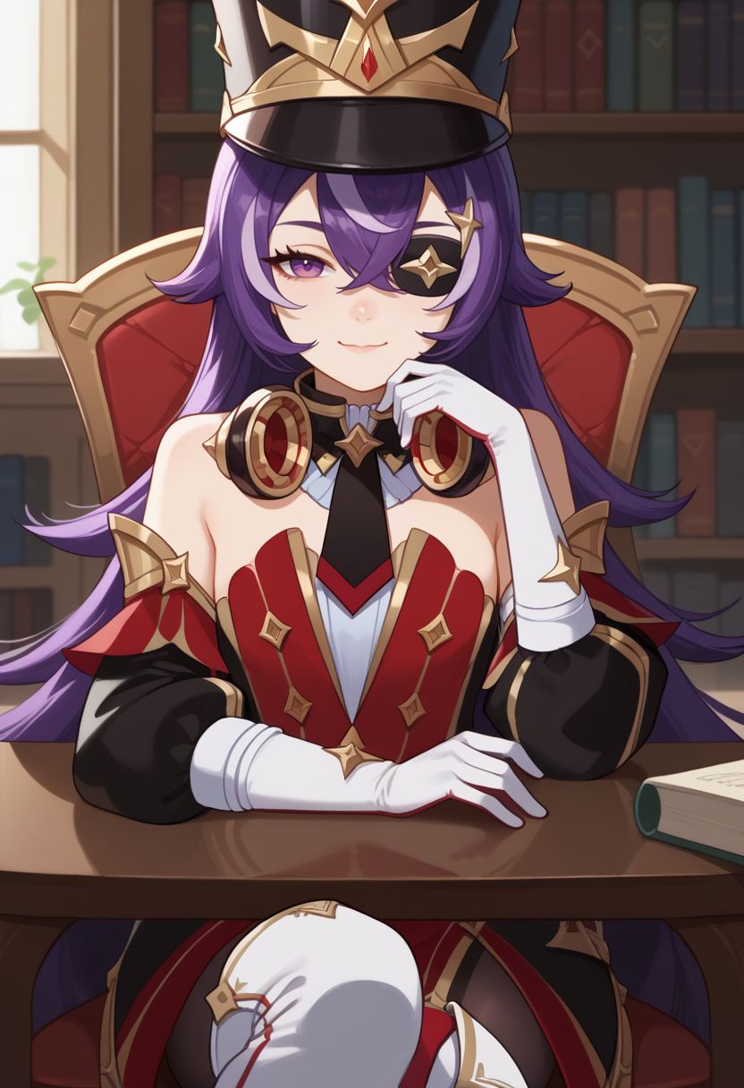 score_9, score_8_up, score_7_up, source_anime, 1girl, chevydef, purple eyes, purple hair, streaked hair, long hair, pointy hair, hair between eyes, eyepatch, mole under mouth, earmuffs, shako cap, gold trim, black necktie, red dress, strapless dress, puffy detached sleeves, bare shoulders, black headwear, detached collar, white gloves, black pantyhose, white footwear, thigh boots, sitting, on chair, table, closed mouth, head rest, elbow rest, smile, looking at viewer, indoors, library, cowboy shot, portrait, close-up, upper body, facing viewer, <lora:Chevreuse_v1-000010:1>