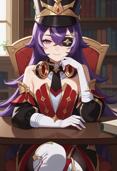 score_9, score_8_up, score_7_up, source_anime, 1girl, chevydef, purple eyes, purple hair, streaked hair, long hair, pointy hair, hair between eyes, eyepatch, mole under mouth, earmuffs, shako cap, gold trim, black necktie, red dress, strapless dress, puffy detached sleeves, bare shoulders, black headwear, detached collar, white gloves, black pantyhose, white footwear, thigh boots, sitting, on chair, table, closed mouth, head rest, elbow rest, smile, looking at viewer, indoors, library, cowboy shot, portrait, close-up, upper body, facing viewer, <lora:Chevreuse_v1-000010:1>
