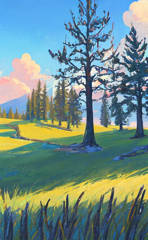 Conceptart,Concept Art,Samia, tree, scenery, cloud, outdoors, sky, day, mountain, grass, nature, mksks style, best quality, perfect