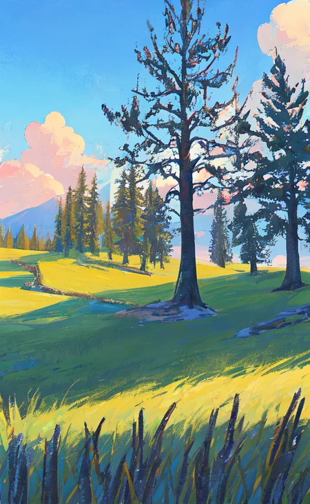 Conceptart,Concept Art,Samia, tree, scenery, cloud, outdoors, sky, day, mountain, grass, nature, mksks style, best quality, perfect