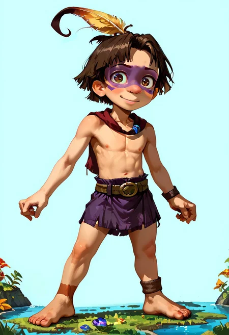 score_9, score_8_up, score_7_up, score_6_up, score_5_up, young, cute, 1boy, solo, akJuju, Male, Short stature, big green expressive eyes, medium brown hair in a short, somewhat messy style, pronounced nose, Minimalist outfit, purple loincloth, brown belt, bare chest, Large feather attached to hair, tribal-style face paint around the eyes, slim but fit, barefeet, full , from behind, body,w3st3rnc0m1c,westerncomic, western comic art style, petite, shortstack, small body, embarassed, blushhing, detail1eye, torn clothes, concept art, realistic, light theme, low light,, zPDXL3, emotional eyes, emotional face, cute face, easynegative, ng_deepnegative_v1_75t, detailed_eye_model