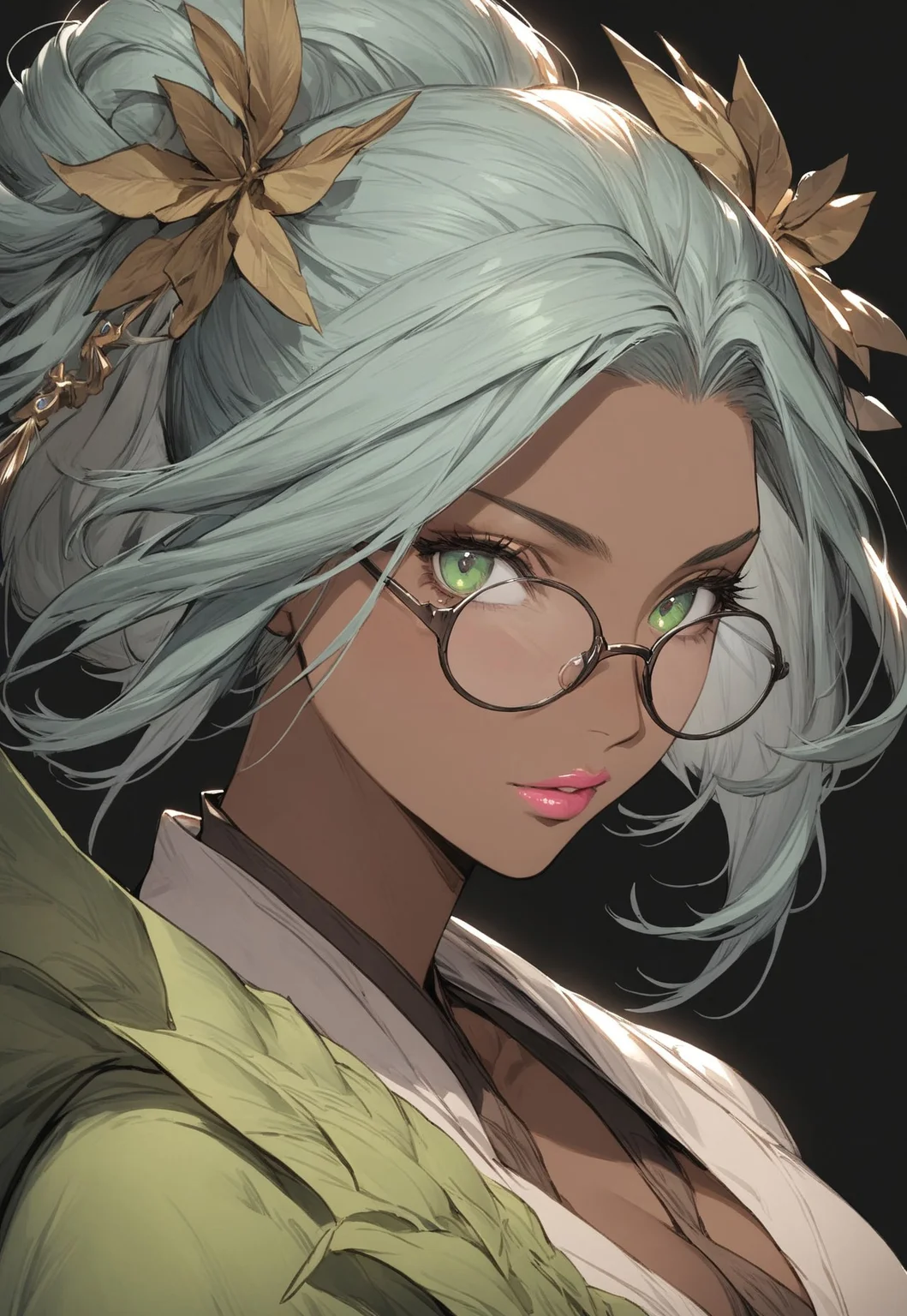(final fantasy), 1girl,
portrait, upper body, looking at viewer, eye contact,
((mature)), cyan hair, dark skin, hair bun, sage, huge glasses, green eyes, pink lips, clothing detail,
black background, masterpiece, best quality