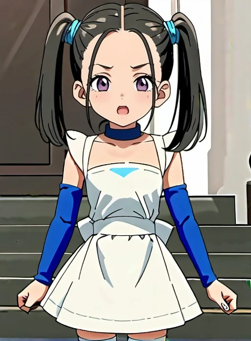 score_9, score_8_up, score_7_up, source_anime, <lora:Bouquetp-05:0.8>,Bouquet, blue choker, strapless dress, white apron, detached sleeves, white thighhighs, blue footwear,twintails, purple eyes,anime screenshot, upper body,