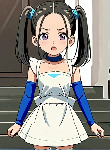 score_9, score_8_up, score_7_up, source_anime, <lora:Bouquetp-05:0.8>,Bouquet, blue choker, strapless dress, white apron, detached sleeves, white thighhighs, blue footwear,twintails, purple eyes,anime screenshot, upper body,