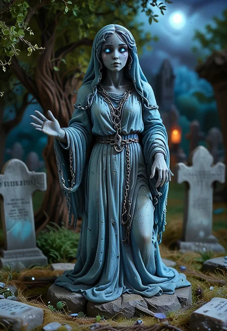 (medium full shot) of (otherworldly ghost) ethereal figure, transparent fading body, fading hands, faintly glowing blue eyes, bluish skin, glowing softly, shimmering faintly with a chilling atmosphere, eerie, chains around its wrists, set in an ancient graveyard, with weathered tombstones, overgrown grass, a solemn atmosphere, at night, Masterpiece,best quality, very aesthetic