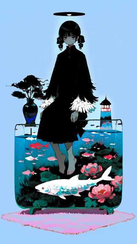 masterpiece, newest,absurdres,incredibly absurdres, best quality, amazing quality, very aesthetic, simple light blue background, surreal, 
1girl, black hair, hair drills, fluorescent lamp, mobile, sitting on fish tank, vase, peony, serious, pink rug, dark green dress, barefoot, feather-trimmed sleeves, fish tank, lighthouse in fish tank, white feathers,
 <lora:CleanMinimalistWAN:1> <lora:0__11Xx:1> 0__11Xx_illu  <lora:edanoma_meu_style:1> edanoma_meu_illu <lora:G0zeNA_style:0.7> G0zeNA_illu, abstract, surreal