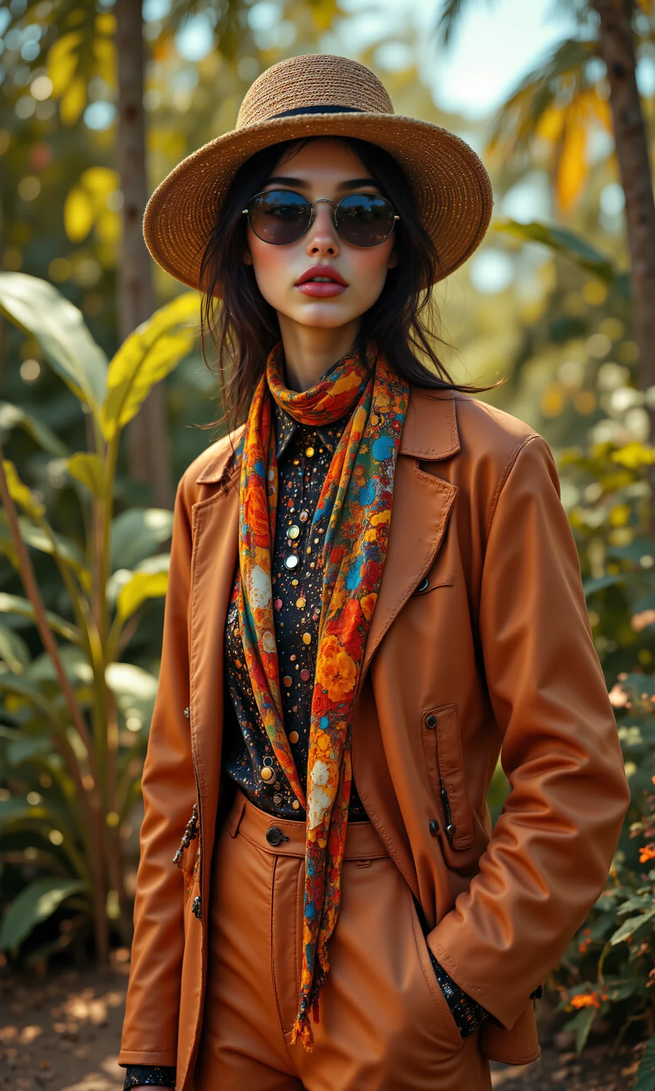 A 1970s fashion editorial featuring a French model in Yves Saint Laurent's iconic safari jacket, paired with wide-legged trousers and a leather belt. The model stands in a lush tropical setting, with large sunglasses and a scarf tied around her hair, embodying the safari chic trend of the decade. Natural lighting with warm tones, soft shadows, photorealistic, ultra-high definition. <lora:FLUX.1-DEV_-_Wild_1970s_Fashions_LoRA:0.8>, <lora:midjourney_whisper_avant_couture_v01:0.5>,
break
perfectly smooth jawline, no cleft chin, soft and defined chin, symmetrical and elegant facial features, well-balanced proportions, delicate and flawless face, smooth skin texture, sharp yet gentle jawline, natural beauty, high cheekbones, soft jaw curves, sleek, even facial structure, harmonious face symmetry, no dimples or clefts, clean and graceful profile, refined and polished appearance, seamless jawline transition, fine facial detail,
break
poised lean pose, timeless beauty, three-quarter view, from below, even framing, upper body, tight framing, subtle movement effect, direct eye contact,
break
8k, vibrant photorealistic color scheme, intricate fabric textures, soft bokeh for depth, warm tones with subtle shadows, natural light filtering through the scene, high dynamic range, slight lens flare, fine grain film effect, Rembrandt-style lighting, fashion editorial finish. aidmafluxpro1.1, <lora:aidmaFluxPro1.1Stylev0.2:0.7>, midjourney_whisper, <lora:midjourney_whisper_flux_lora_v01:0.5>, velvet_myst, <lora:Midjourney_Whisper_Chromaplex_Velvet_Myst_v01:0.6>,