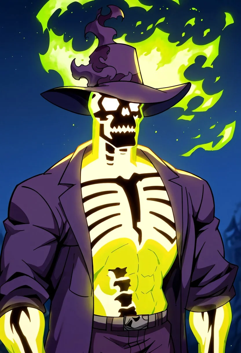 glowing, shirtless, dark skeleton, green fire,solo, hat, purple coat with leopard print, night background, solo, muscle body, muscle biceps, muscle chest, abs, sexy abs, six pack abs, <lora:Dr._Phosporus:1> drphosporus, score_9, score_8_up, score_7_up, score_6_up, 2d, digital art, masterpiece <lora:Expressive_H:0.4> expressiveh <lora:princess_xl_v2:0.3> <lora:g0th1c2XLP:0.3> g0th1c