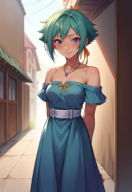 score_9, score_8_up, source_anime, 1girl, solo, ZessicaWong, short hair, hair ribbon, necklace, blue dress, off-shoulder, white belt, smile, arms behind back, blush, outdoors, <lora:ChamZessicaWongPonyXL:1>