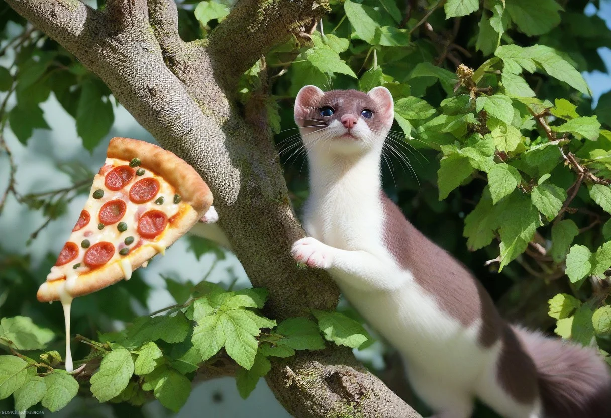 score_9, score_8_up, score_7_up, score_6_up, score_5_up, score_4_up, fur, animal weasel, g5, rich colors, front view, detailed background, detailed, 8k quality, side view, beautiful, teasing, freely actions, small, sausage tree, flying pizza like a Ringtail, pizza,