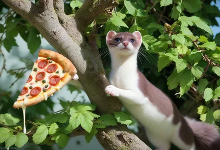 score_9, score_8_up, score_7_up, score_6_up, score_5_up, score_4_up, fur, animal weasel, g5, rich colors, front view, detailed background, detailed, 8k quality, side view, beautiful, teasing, freely actions, small, sausage tree, flying pizza like a Ringtail, pizza,