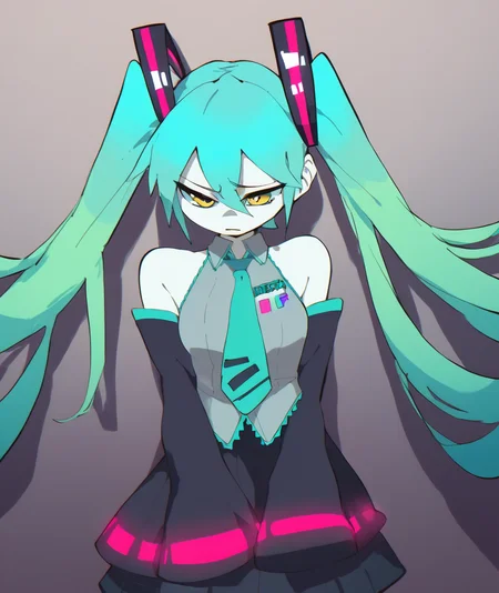 score_9, score_8_up. score_7_up, <lora:aetherion:1> aetherion, score_9, aetherion, 1girl, hatsune miku, twintails, multicolored hair, grey shirt, yellow eyes, sleeves past fingers, sleeves past wrists, necktie, skirt, detached sleeves, glitch, pale skin, hair between eyes, aqua hair, ghost, bare shoulders, gradient hair