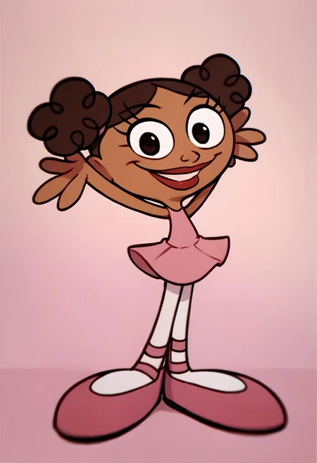 score_9, score_8_up, score_7_up BREAK MeeMeeDL, 1girl, dark brown hair, dark brown eyes, brown skin, curly pigtails, lipstick, sleeveless pink dress, white tights, pink ballet shoes, smiling at viewer, hands behind head,