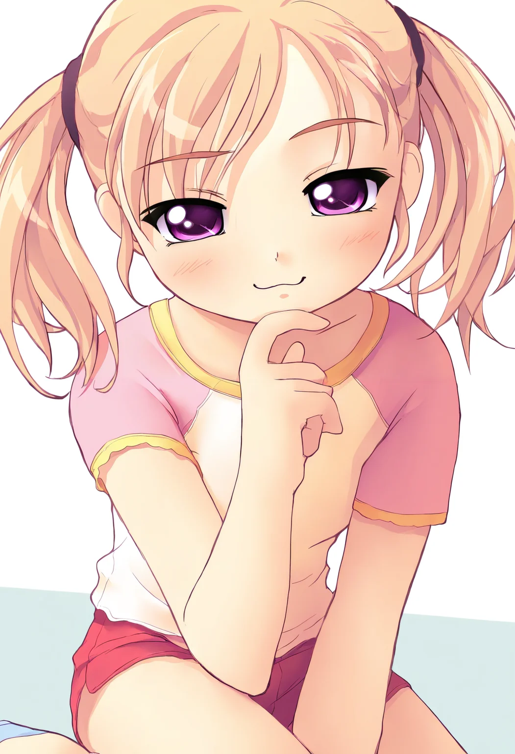 masterpiece, best quality, very aesthetic, absurdres,
1girl, solo,
anzuhatsushima, blond hair, short twintails,
smug, half-closed eyes, looking at viewer, finger to own chin,
shirt, plain shirt, short sleeves, raglan sleeves, shorts, red shorts,
two-tone background, white background,
<lora:Hatsukoi_Anzu_sdxl-illust-v1:1>