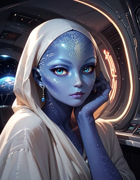 score_9, score_8_up, score_7_up, score_6_up, score_5_up, score_4_up, 1girl, zhaan, beautiful, blue skin, alien skin, blue eyes, pretty face, solo, silk sari, looking at viewer, bald, interior: dark space ship,  <lora:OOPS-000007:0.8> <lora:NeonLights_VPS:1.0> n30n, neon lights, dramatic lighting