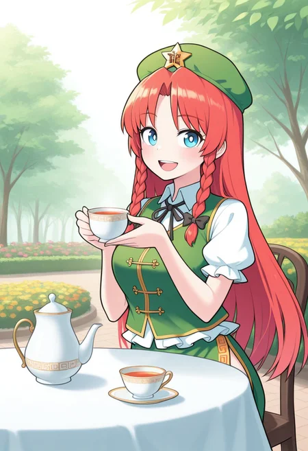 masterpiece, best quality, aesthetic, colorful, SOLIDUSstyle, BREAK, (Hong Meiling), 1girl, looking at viewer, smile, :D, tree, garden, table, tea, teaopot, flowers, simple background