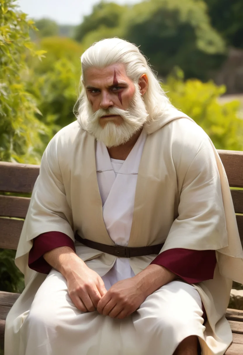 Reinhardt sits on an outdoor bench in his priestly robes,sunning himself,<lora:xl-reinhardt-000012:0.7>,scar across eye,beard,white hair,