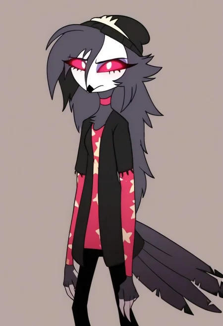 octavia, owl, 2D, black beanie, white skin, beak red sclera, simple background, perfect, masterpiece, 4K, high quality, white pupils, gray hair, female, 2d, cartoon, big boobs, huge boobs, large breasts, facing viewer, eyelashes, purple eyeshadow, pink collar, pink shirt, feather tail, yellow stars, black jacket, white claws, black palms, glowing eyes, looking at viewer, female, anthro, cartoon, standing, black pants, skinny, Expressiveh,