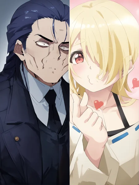 score_9, score_8_up, score_7_up, rating_safe, score_anime, white background, 1boy, long back hair, black suit, necktie ADDCOL <lora:Aku_S2_PDXLv0:0.8> aku-s2, red eyes, <lora:FrierenBlowingKissMeme_XLPD:1> IncrsBlowingKiss, heart, blowing kiss