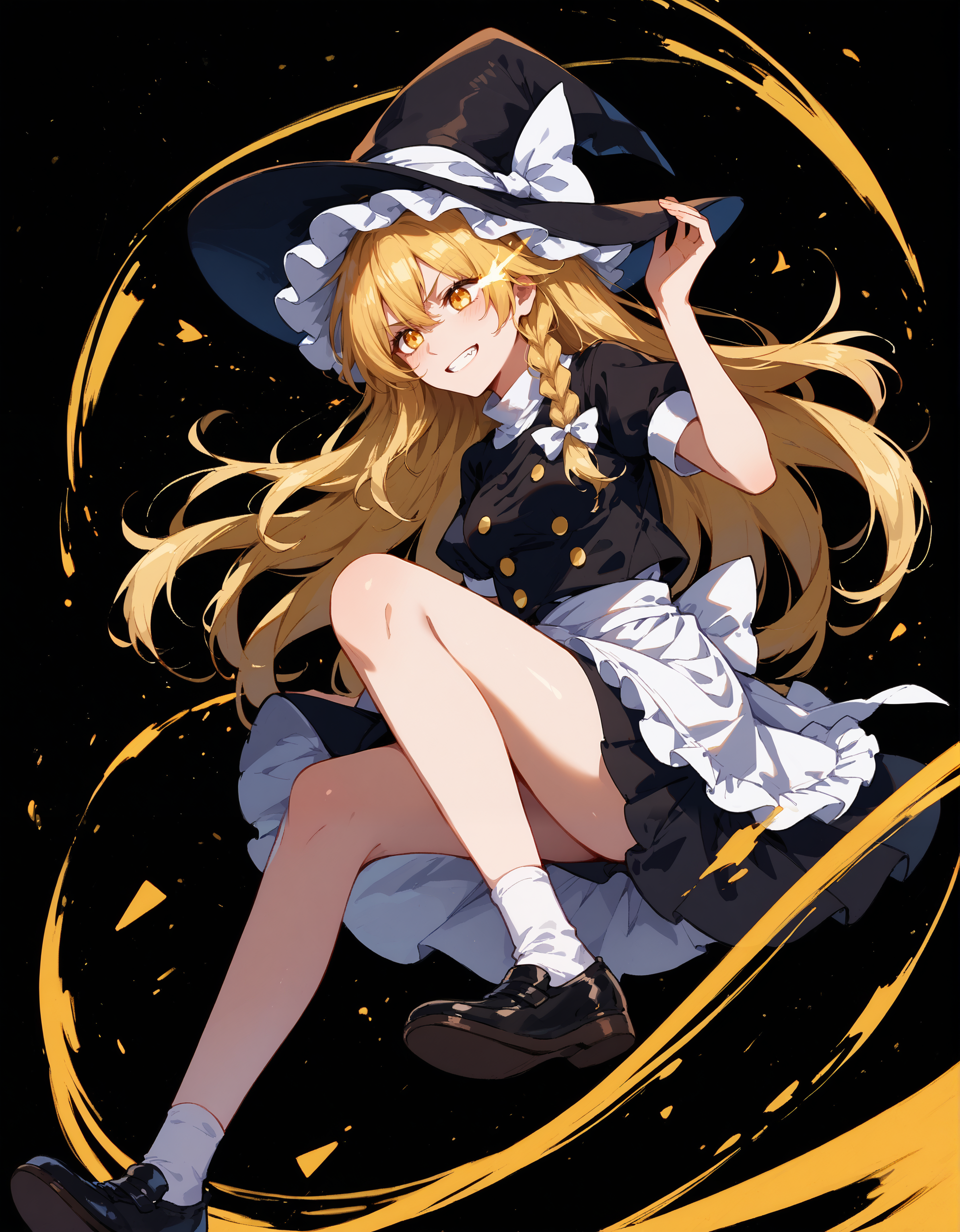 score_9, score_8_up, score_7_up, source_anime, BREAK 1girl, kirisame marisa, blonde hair, yellow eyes, single braid, clenched teeth, serious, medium breasts, witch hat, white ribbon, black skirt, black shirt, short sleeves, waist apron, frill trim, black footwear, full body, (three-quarter view, from side), leg attack, one leg bent, (looking down), floating, (mid air), [black background:dark library:0.2], time stop, by sheya,
<lora:Sheya_PonyXL_style_v01:0.4> <lora:kirisame_marisa_pony:0.85> <lora:Expressive_H:0.4>