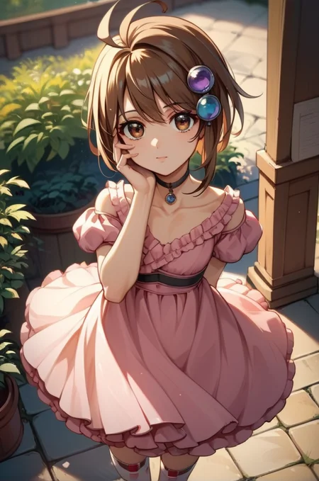 score_9, score_8_up, score_7_up, very aesthetic, source_anime, detailed, high quality, beautiful, masterpiece, detailed eyes,
<lora:lightXL:0.8>
village, blurry background,
cowboy shot, close up, dynamic angle
flat chest, standing, thinking, looking at viewer, hand on face,
<lora:reala_autismConfetti_v01:0.99>
reala \(tales\), 1girl, brown hair, hair ornament, brown eyes, ahoge, short hair,
choker, pink dress, frills, ribbon, collarbone, white thigh highs, pink footwear, zettai ryouiki,, zPDXL