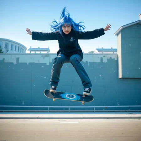freebo_kickflip, high quality, absurdres, 4k res, masterpiece, skateboard, solo, jumping, air, source_anime, score_7_and_up, good hands, good eyes, 1girl, charlotte_wraith, blue eyes, blue hair