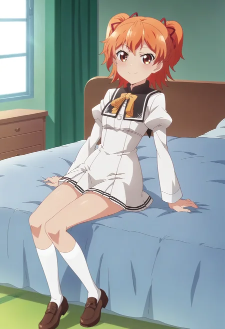 score_9, score_8_up, score_7_up, score_6_up, score_5_up, score_4_up , anime coloring ,BREAK source_anime, anime,screencap,
1girl, solo, aikat, red hair ribbon, white sailor dress, black sailor collar, white kneehighs, brown loafers, <lora:PonyXL Aika Tenkuubashi V1:1>
indoors, bedroom, sitting on bed,
smile, looking at viewer,