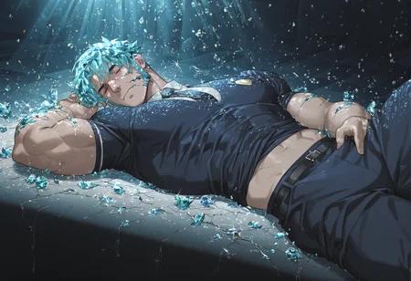 1boy,solo,muscular,abs,bara,biceps,short hair,aqua hair,crystal hair,cracked face,cracked skin,gem uniform,lying,operating table,indoor,spotlight,translucent hair,shiny hair,shiny,closed eyes,emotional,Lustrous,masterpiece,best quality,amazing quality, very aesthetic,hyperdetailed, intricate details,side view, dynamic angle,newest,high contrast,absurdres,wide shot,
