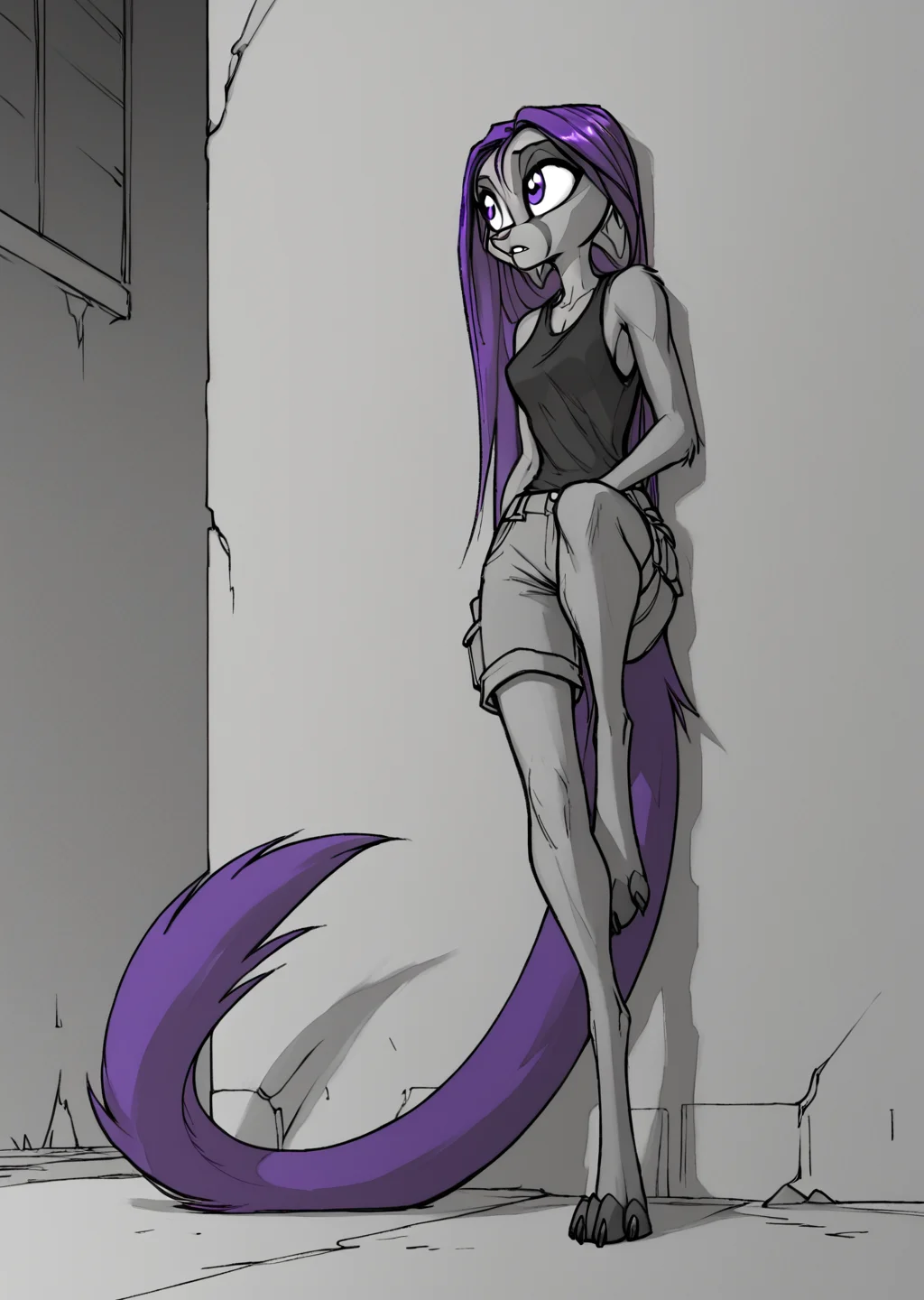 score_9,score_8_up,score_7_up,
kalei ,
1girl, solo, anthro, slender build, long flowing purple hair, large bushy purple tail, gray fur, darker gray limbs, narrow sharp eyes, intense expression, black sleeveless top, dark gray cargo shorts, digitigrade legs, clawed toes, sleek and stylish design, monochrome and purple color scheme, cool and aloof demeanor, well-groomed fur, striking and unique appearance, leaning against a wall, one leg bent, arms relaxed, dark neon-lit alley background.
, <lora:dreamkeepers_kalei_pony:1>,