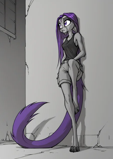 score_9,score_8_up,score_7_up,
kalei ,
1girl, solo, anthro, slender build, long flowing purple hair, large bushy purple tail, gray fur, darker gray limbs, narrow sharp eyes, intense expression, black sleeveless top, dark gray cargo shorts, digitigrade legs, clawed toes, sleek and stylish design, monochrome and purple color scheme, cool and aloof demeanor, well-groomed fur, striking and unique appearance, leaning against a wall, one leg bent, arms relaxed, dark neon-lit alley background.
, <lora:dreamkeepers_kalei_pony:1>,